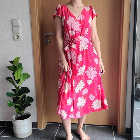 Talbots Pink Floral Chrysanthemum Belted Button Front Midi Shirt Dress 8 Petite - Picture 3 of 16